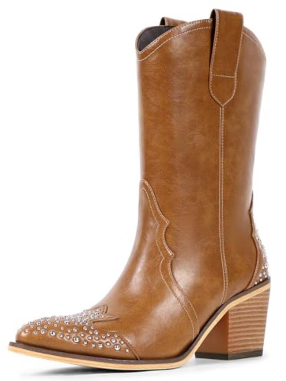 Women's Cowboy Boots, Mid Calf Studded Pointed Toe Western Cowgirl Boots